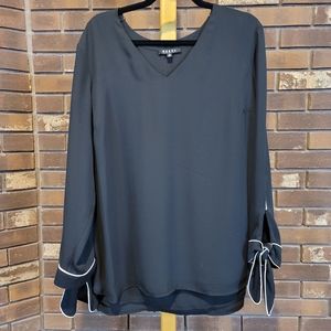Rebel tie sleeve v neck black with white piping detail blouse 1X